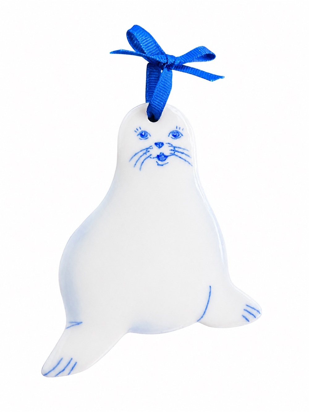 White Ceramic Seal Ornament with Blue Ribbon 4”x5”